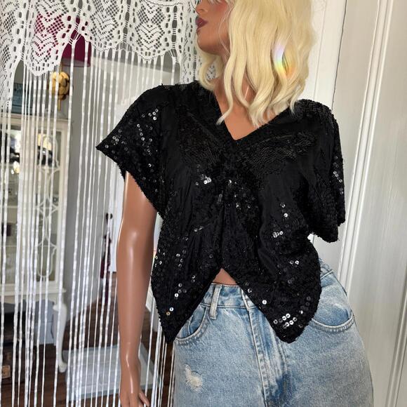 80s Black Butterfly Sequins Crop Open Sleeve Blouse Top, Disco Glam Party - Picture 1 of 9